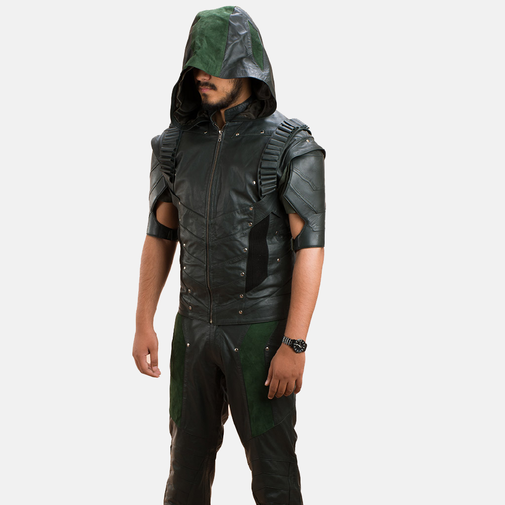 Mens New Green Hood Leather Vest